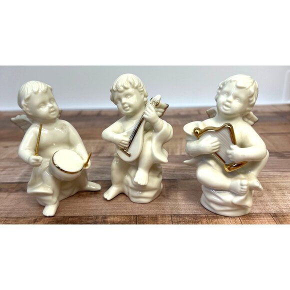 Mikasa Set Of 3 Porcelain Angel Figurines Playing Instruments With Gold Accented - Picture 1 of 4